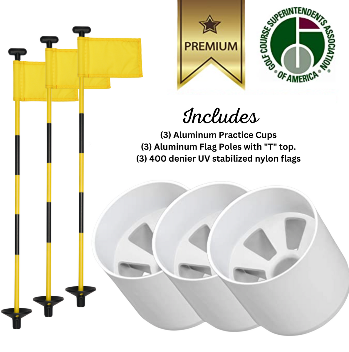 3Pack Combo Set For Putting Green Golf Flag and Cup Set